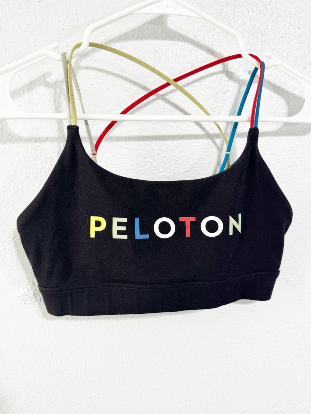 Peloton Black Camisole Sports Bra with Multicolor Logo and Contrast Straps small